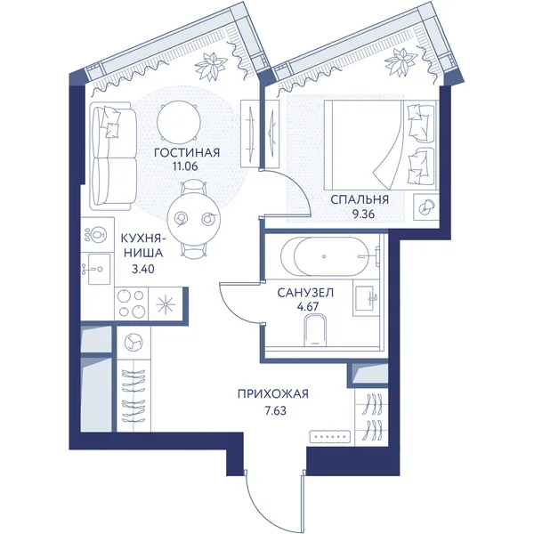 1-комнатная квартира, 36.2 м²
