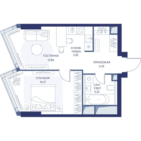 1-комнатная квартира, 46.9 м²