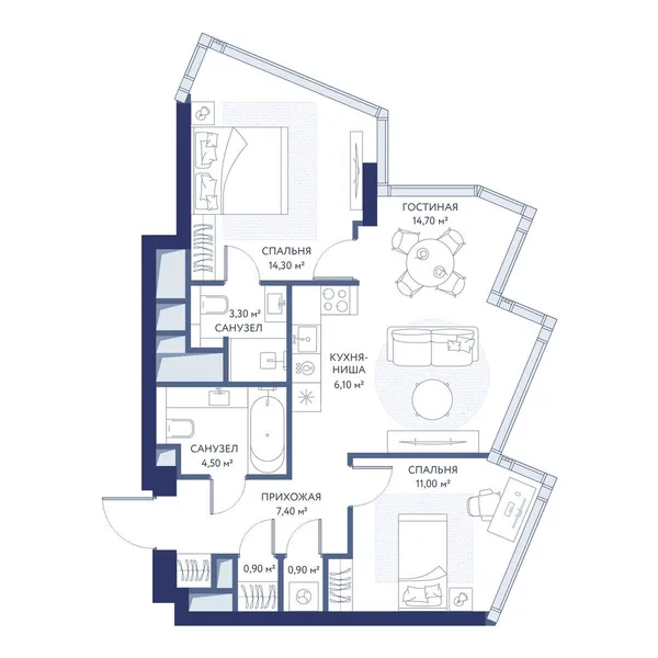 2-комнатная квартира, 62.2 м²