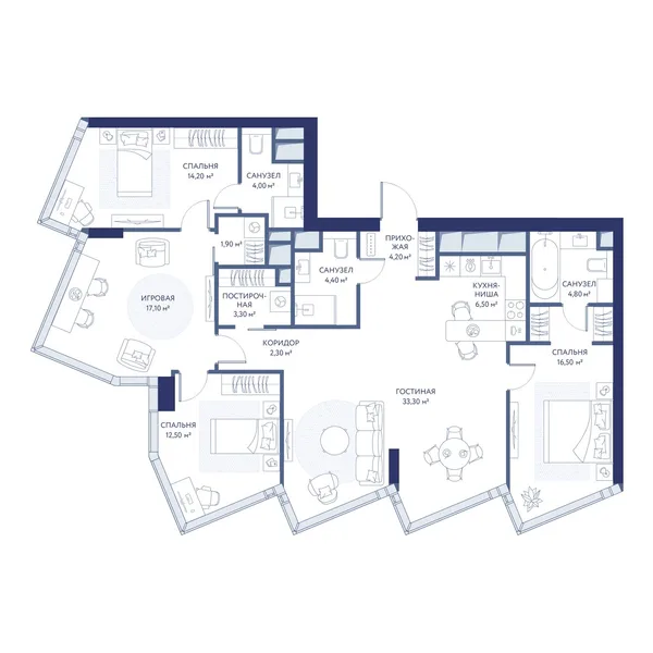3-комнатная квартира, 125 м²