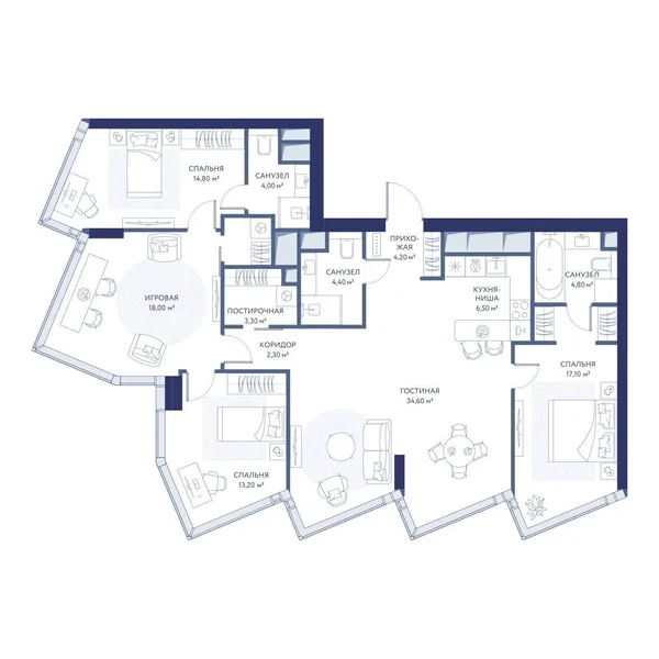 3-комнатная квартира, 129 м²