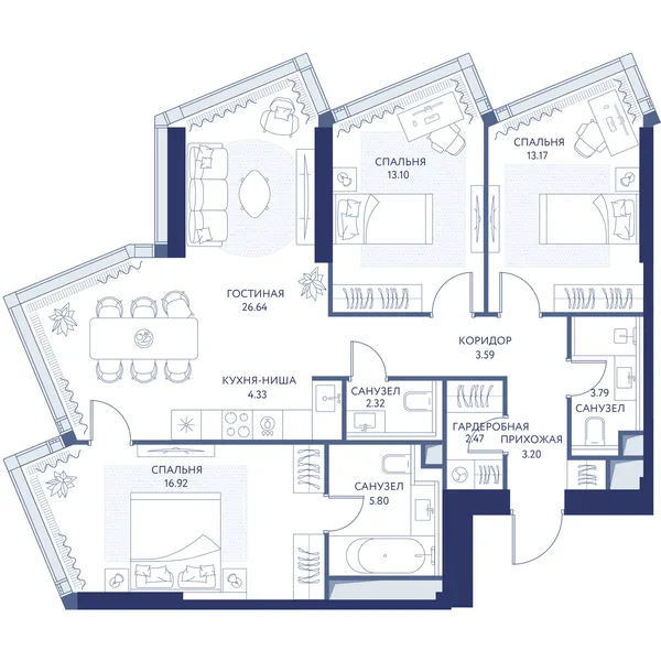 3-комнатная квартира, 95.3 м²