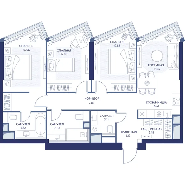 3-комнатная квартира, 91.4 м²