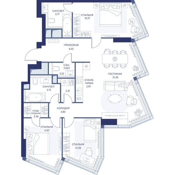 3-комнатная квартира, 104.2 м²