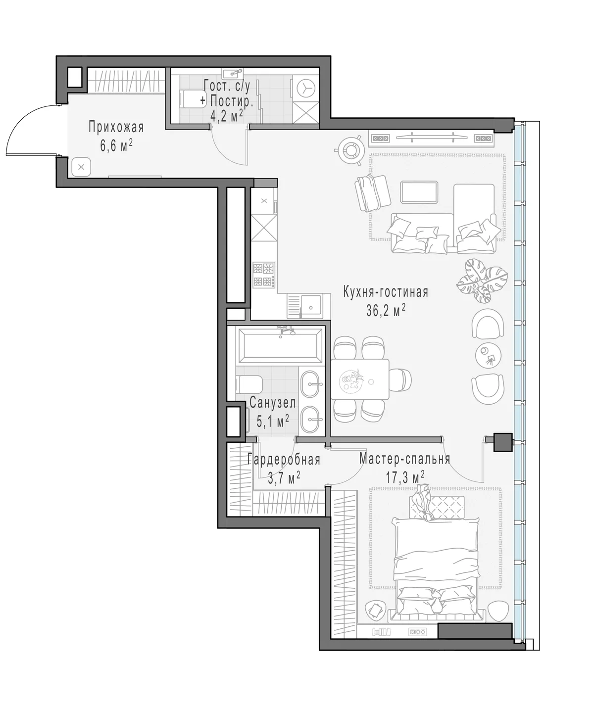 1-комнатная квартира 73,3 м² в ЖК «Фрунзенский» — планировки 2