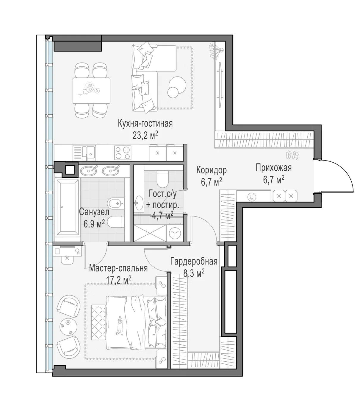 1-комнатная квартира 73,7 м² в ЖК «Фрунзенский» — планировки 1