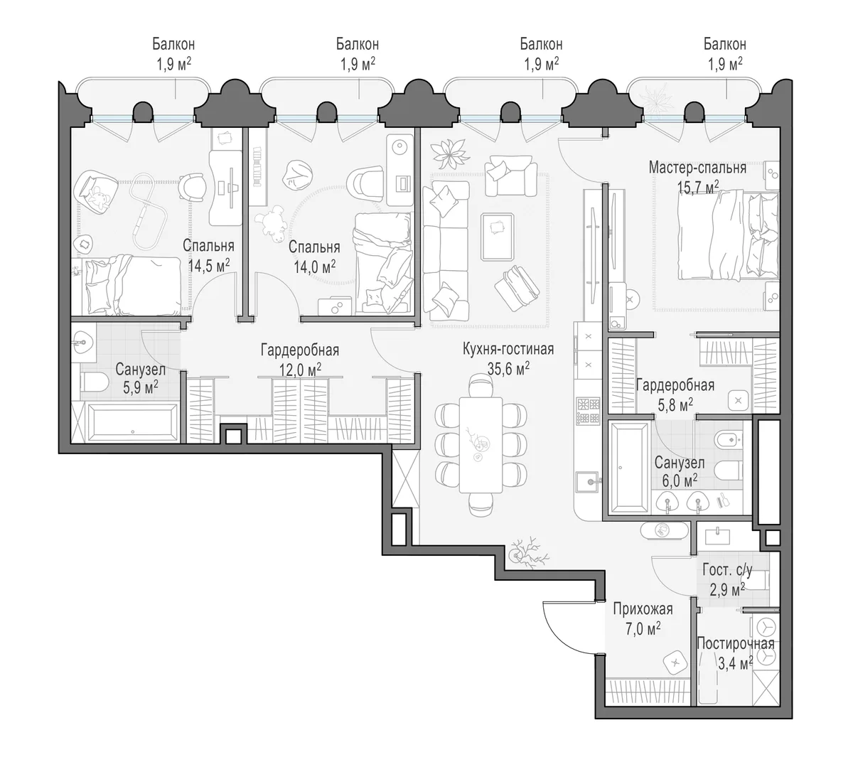3-комнатная квартира 125 м² в ЖК «Фрунзенский» — планировки 4