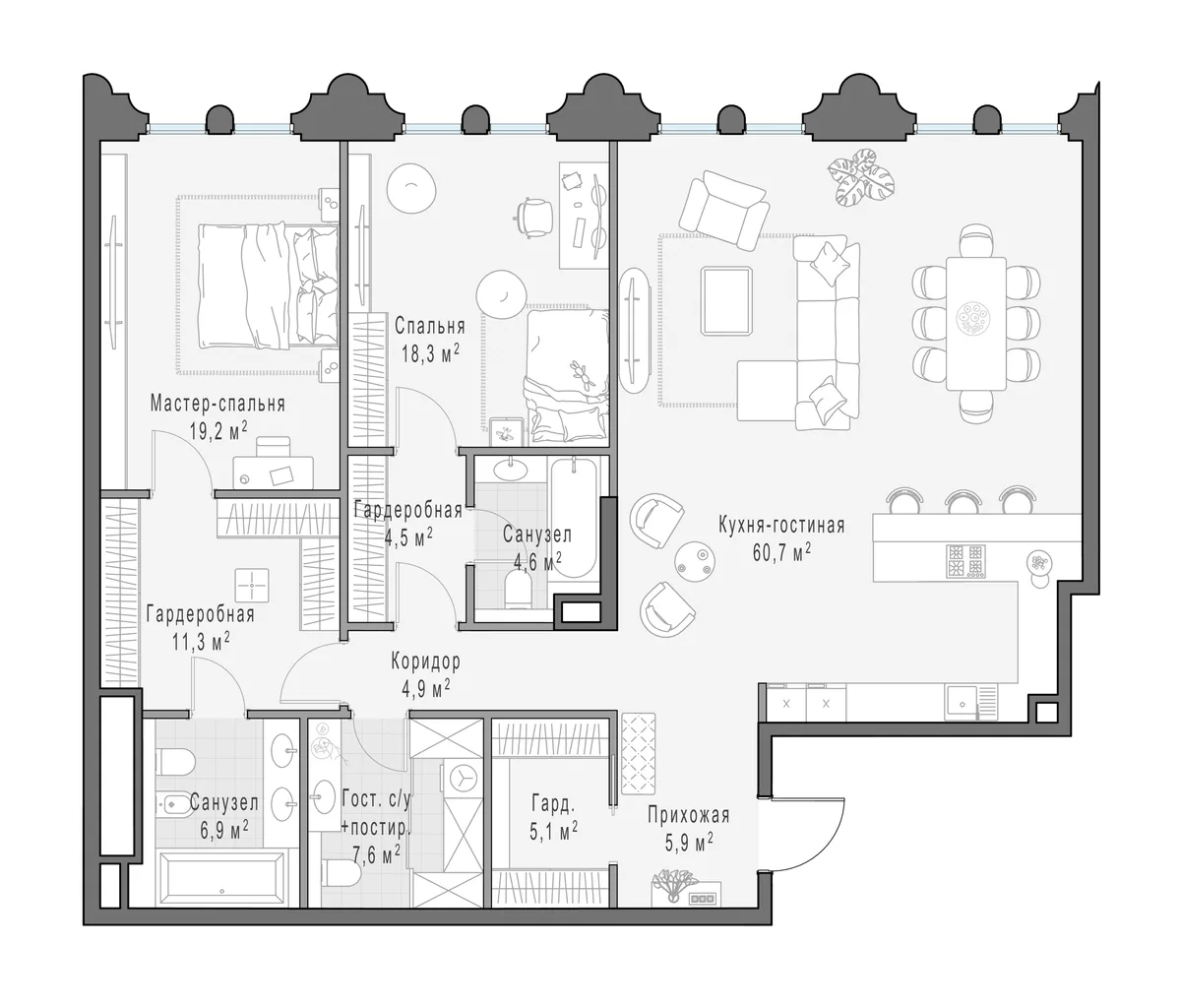 3-комнатная квартира 146,8 м² в ЖК «Фрунзенский» — планировки 1