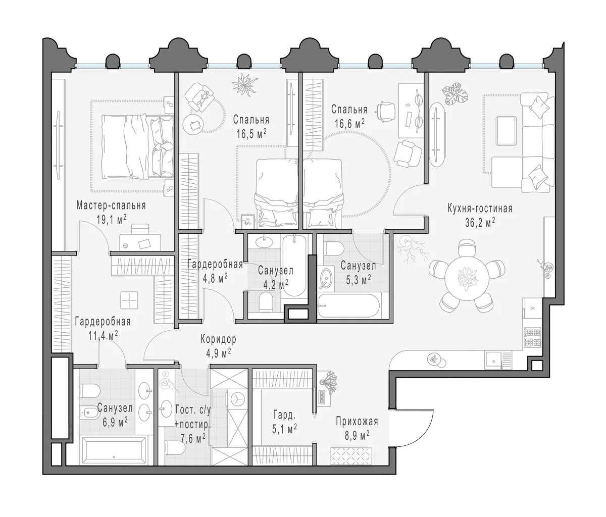 3-комнатная квартира 146,8 м² в ЖК «Фрунзенский» — планировки 2