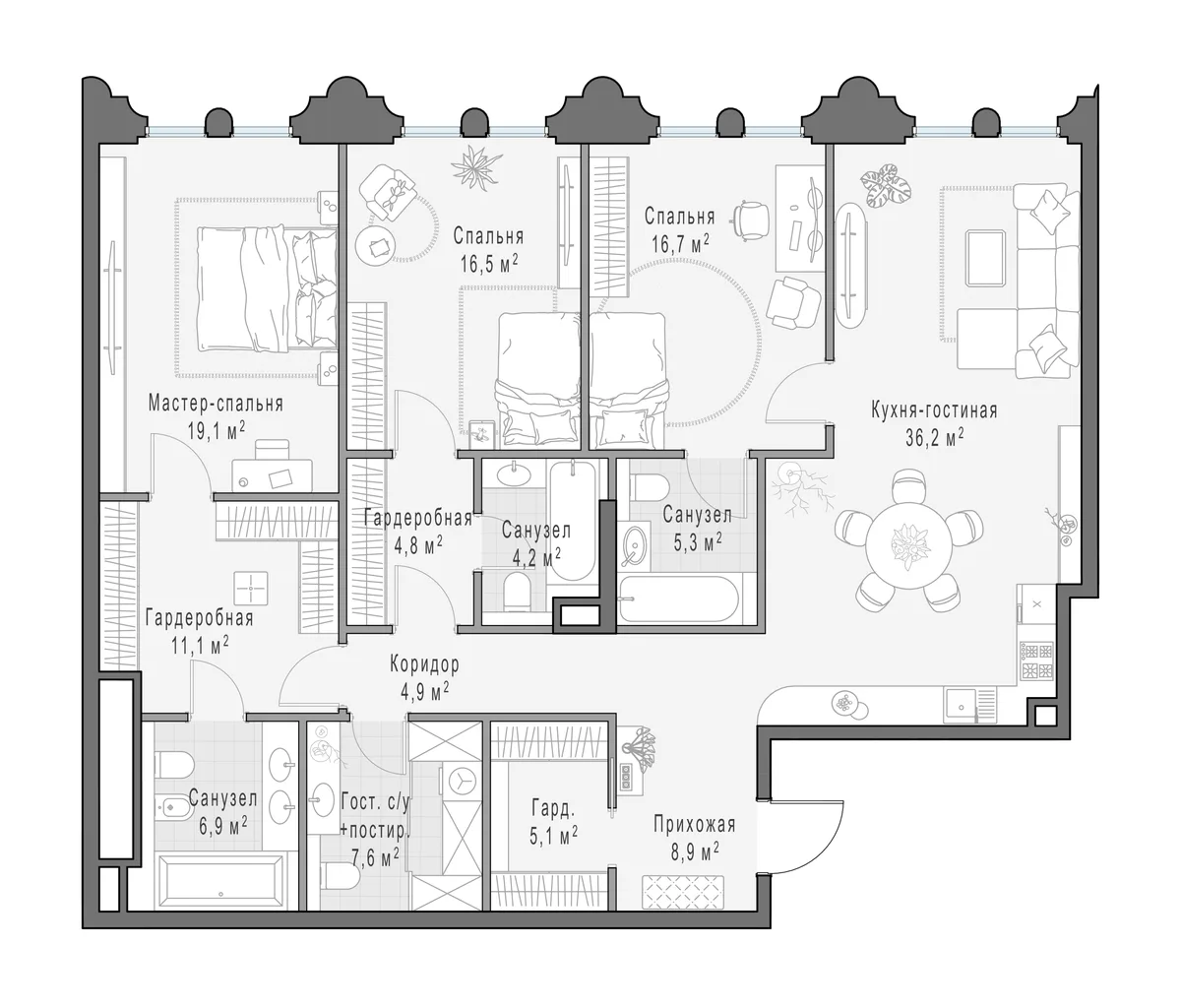 3-комнатная квартира 146,6 м² в ЖК «Фрунзенский» — планировки 1