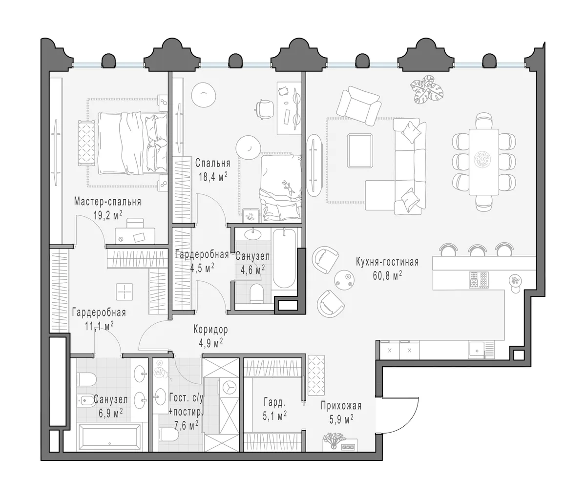 3-комнатная квартира 146,6 м² в ЖК «Фрунзенский» — планировки 2