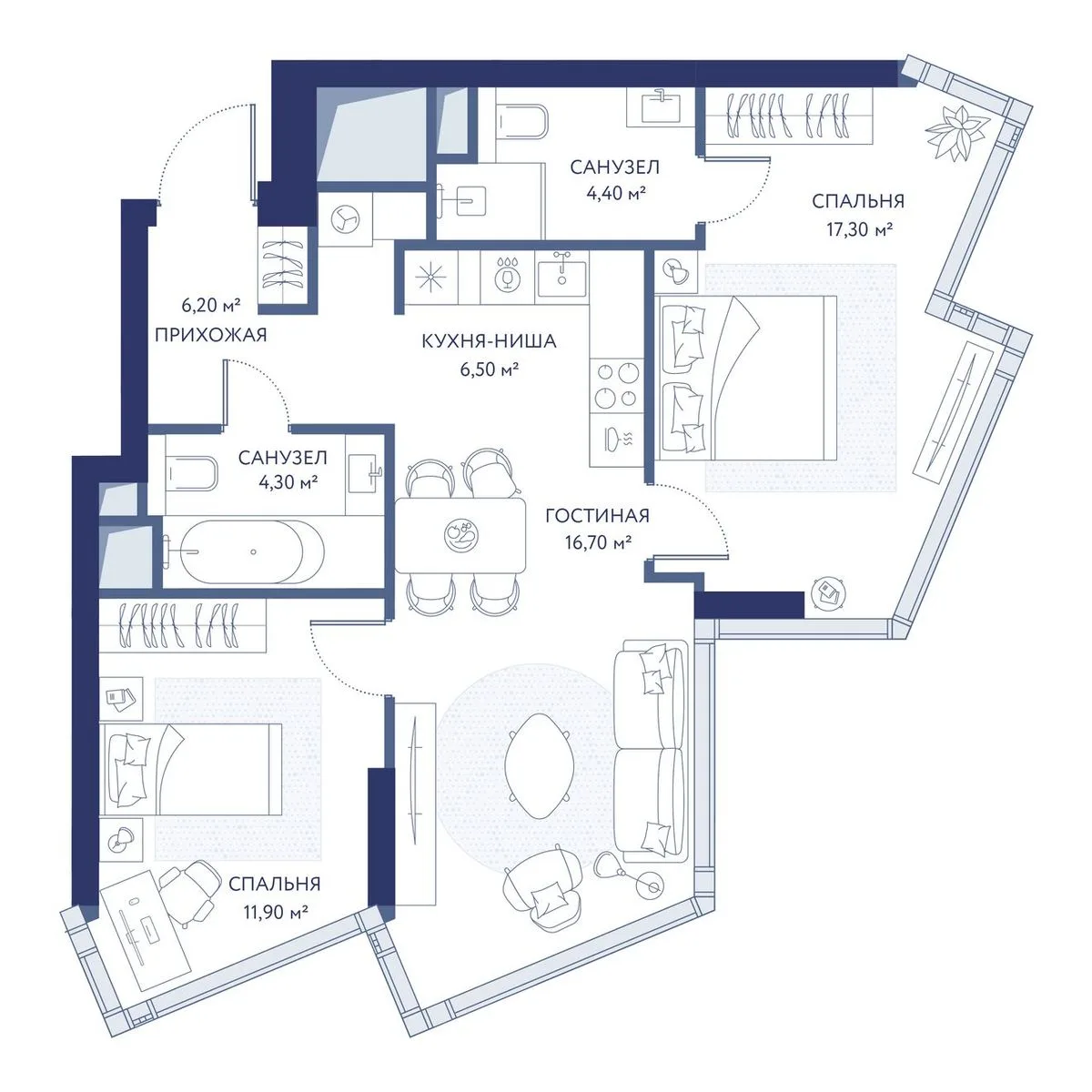 2-комнатная квартира 67,3 м² в ЖК «hideOUT» — планировки 1