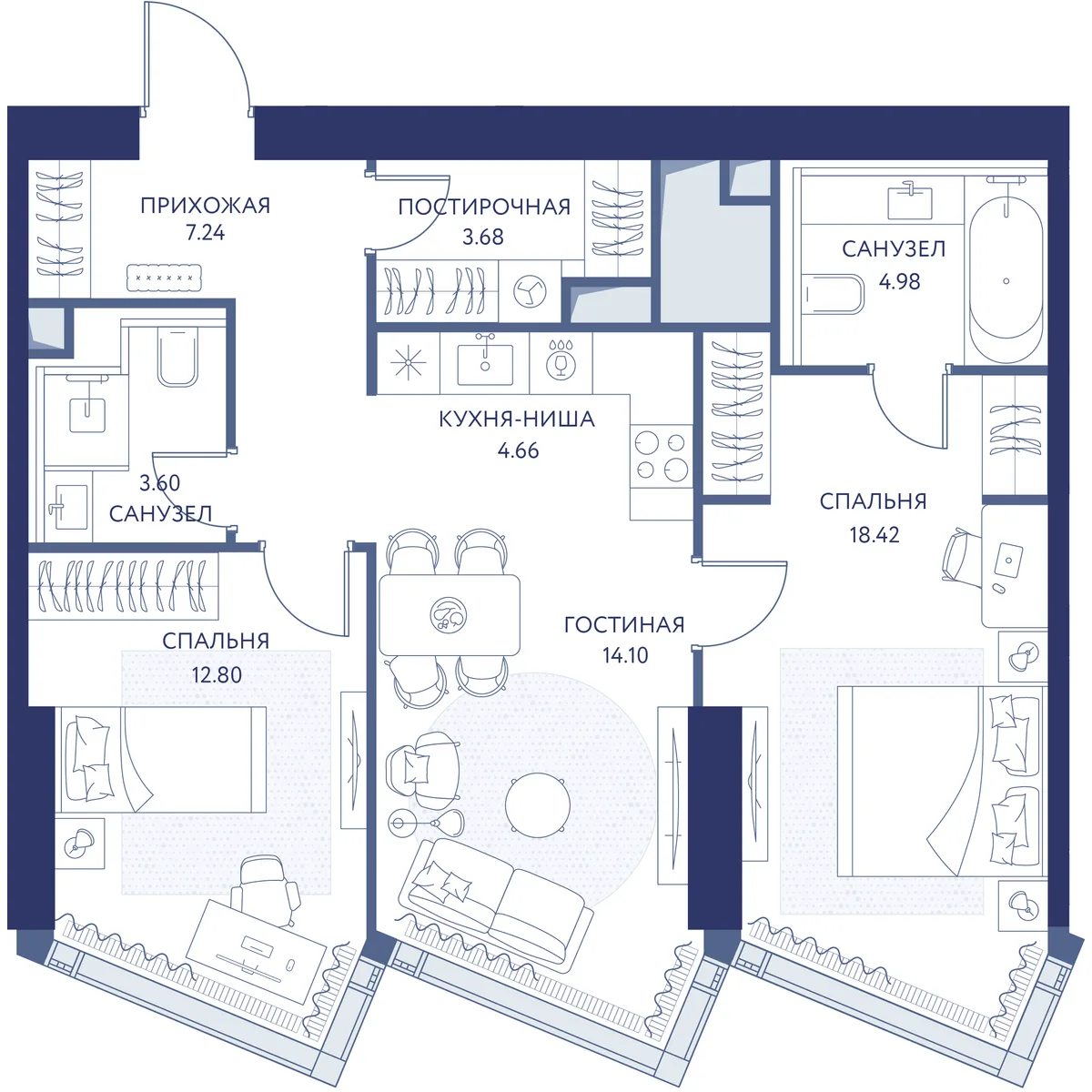2-комнатная квартира 69,6 м² в ЖК «hideOUT» — планировки 1