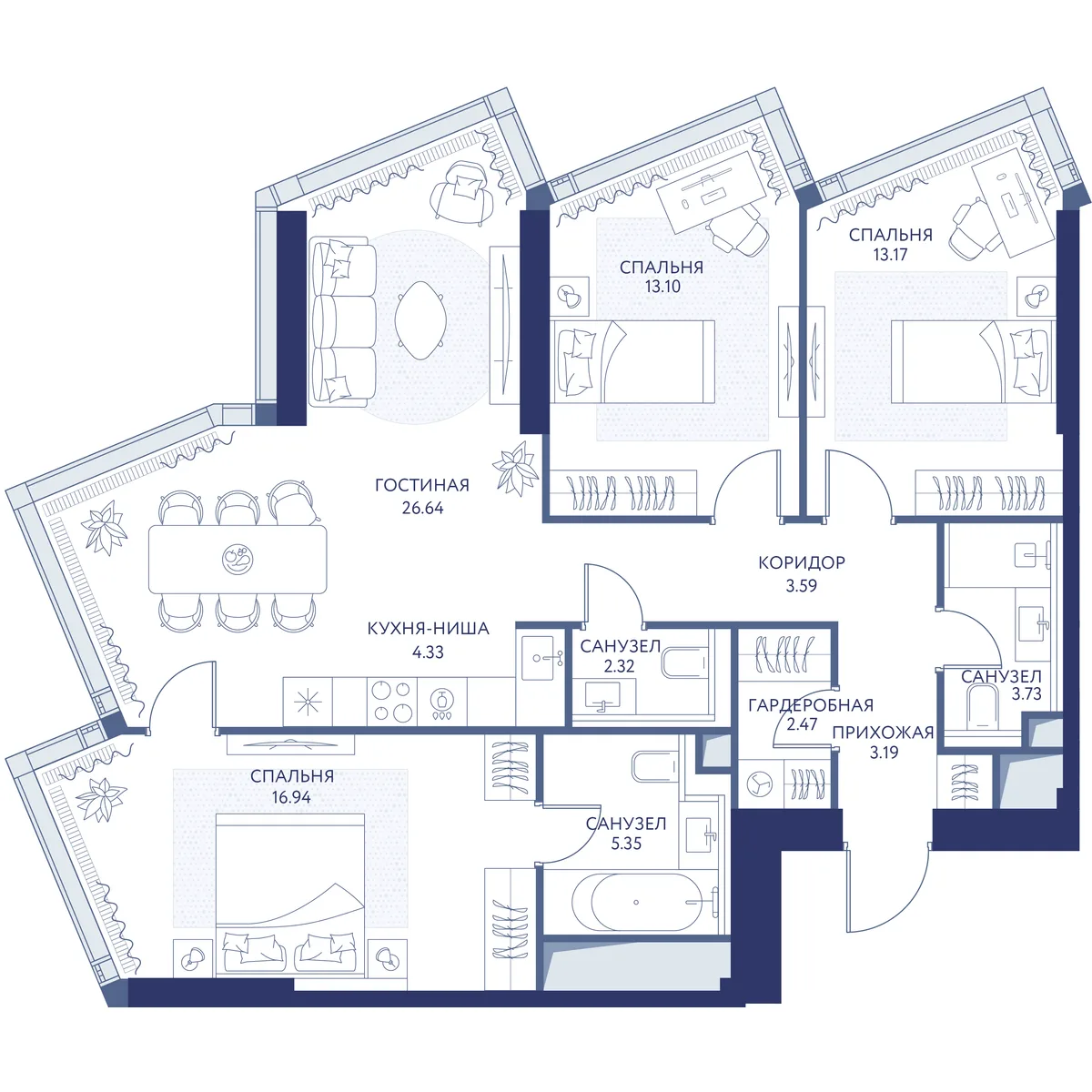 3-комнатная квартира 94,7 м² в ЖК «hideOUT» — планировки 1