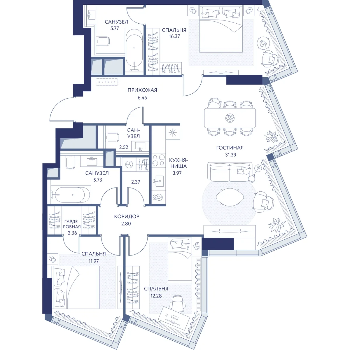 3-комнатная квартира 104,2 м² в ЖК «hideOUT» — планировки 1